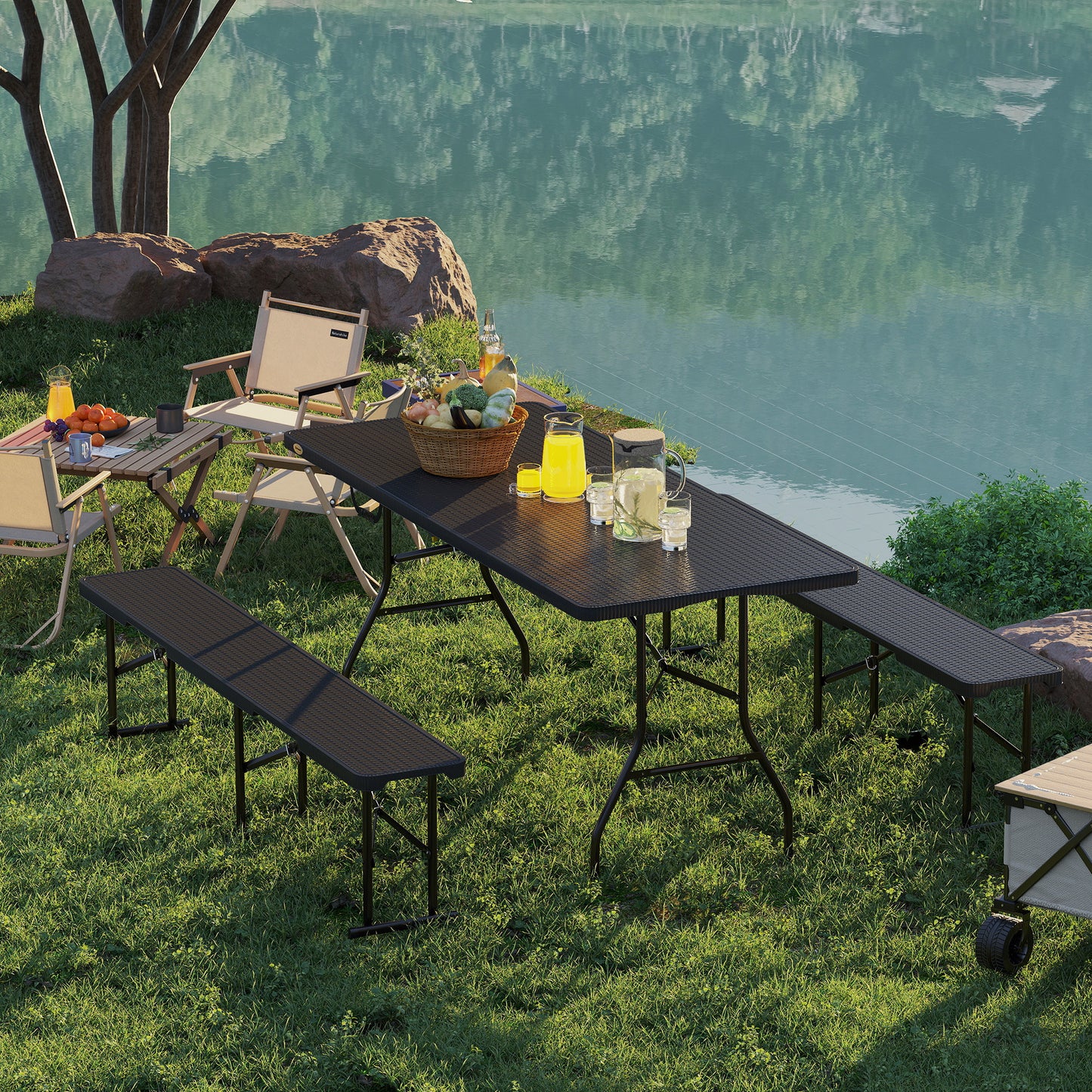 Outsunny 6FT 3PCS Faux Rattan Outdoor Camping Table Bench Set with Carrying Handles, Folding Picnic Table with 2 Benches, Black |