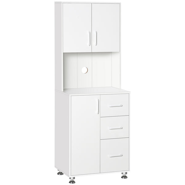 Meuble de rangement avec 2 placards, 3 tiroirs et plan de travail ouvert, blanc