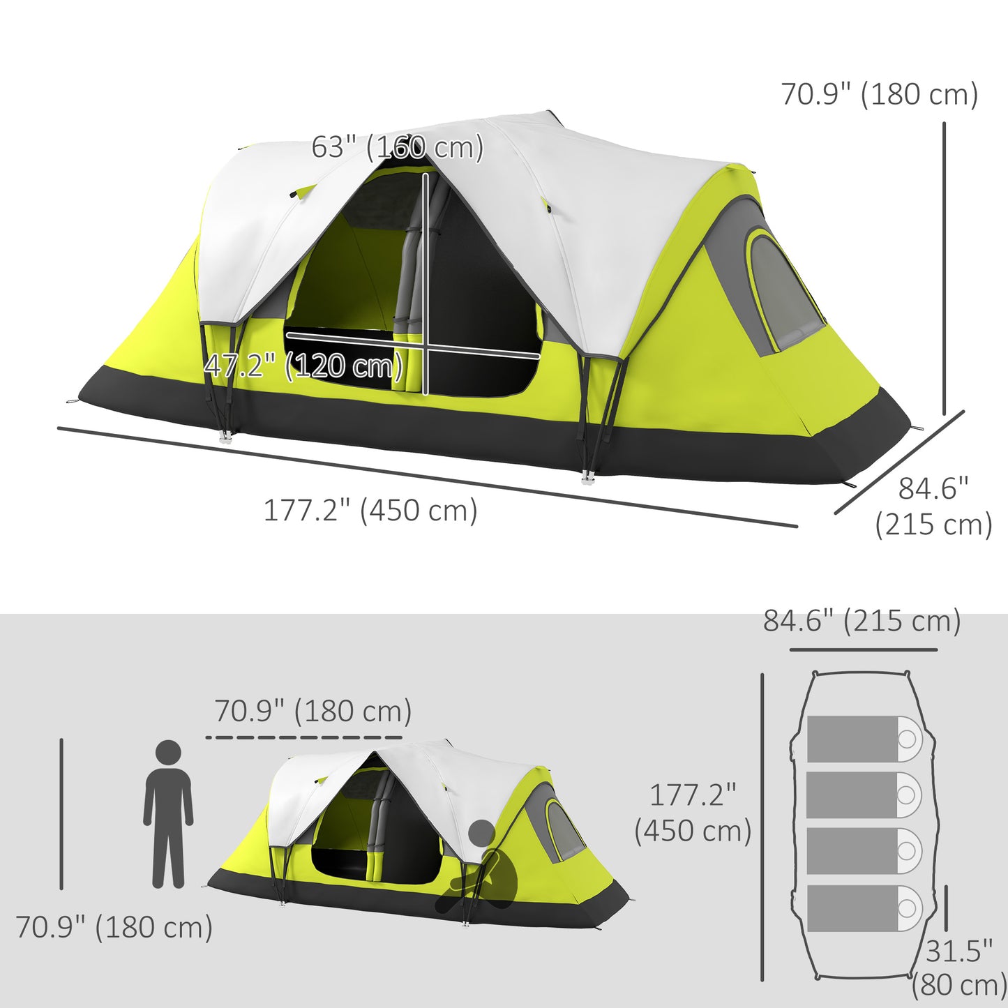 Tente de camping pour 6 à 8 personnes avec double toit imperméable de 2 000 mm et sac de transport, verte