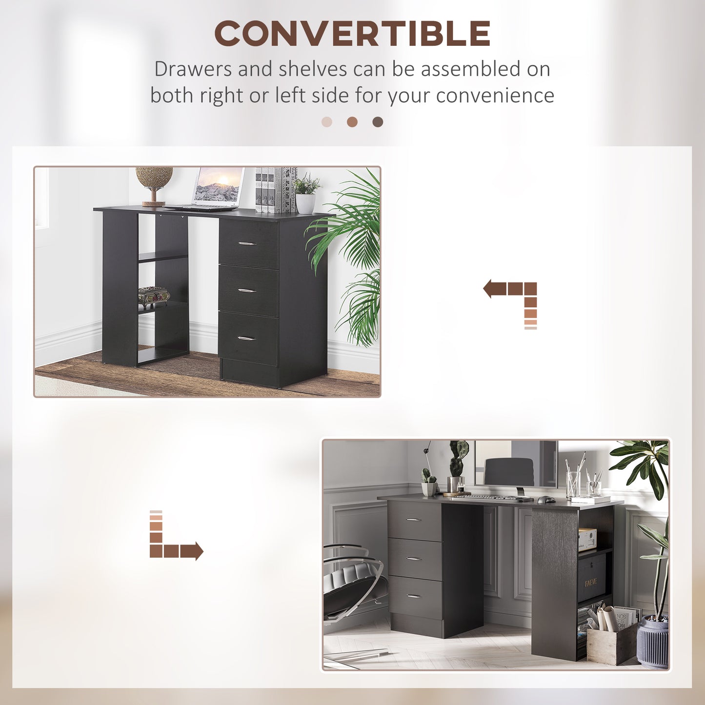 Bureau avec étagères de rangement à 3 niveaux avec tiroirs, noir