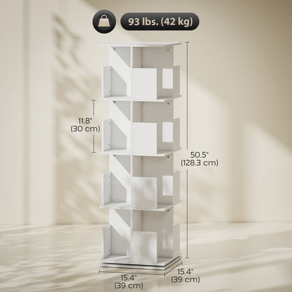 360° Rotating Bookcase with 4 Tiers and 16 Compartments, White Wood