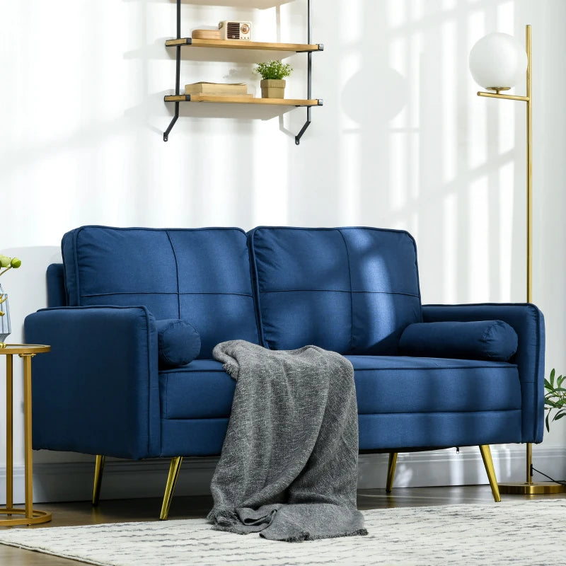 2 seater upholstered sofa with back cushions and pillows, blue
