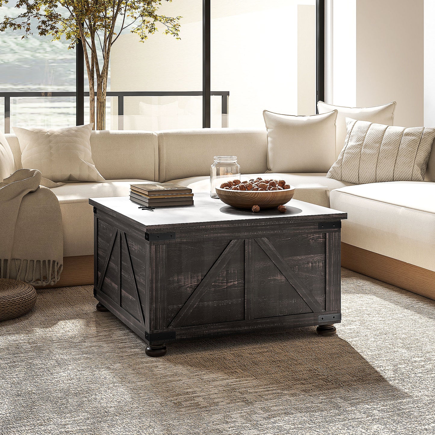 Table basse de style ferme avec couvercles rabattables, compartiment de rangement dissimulé et pieds en bois, marron vieilli