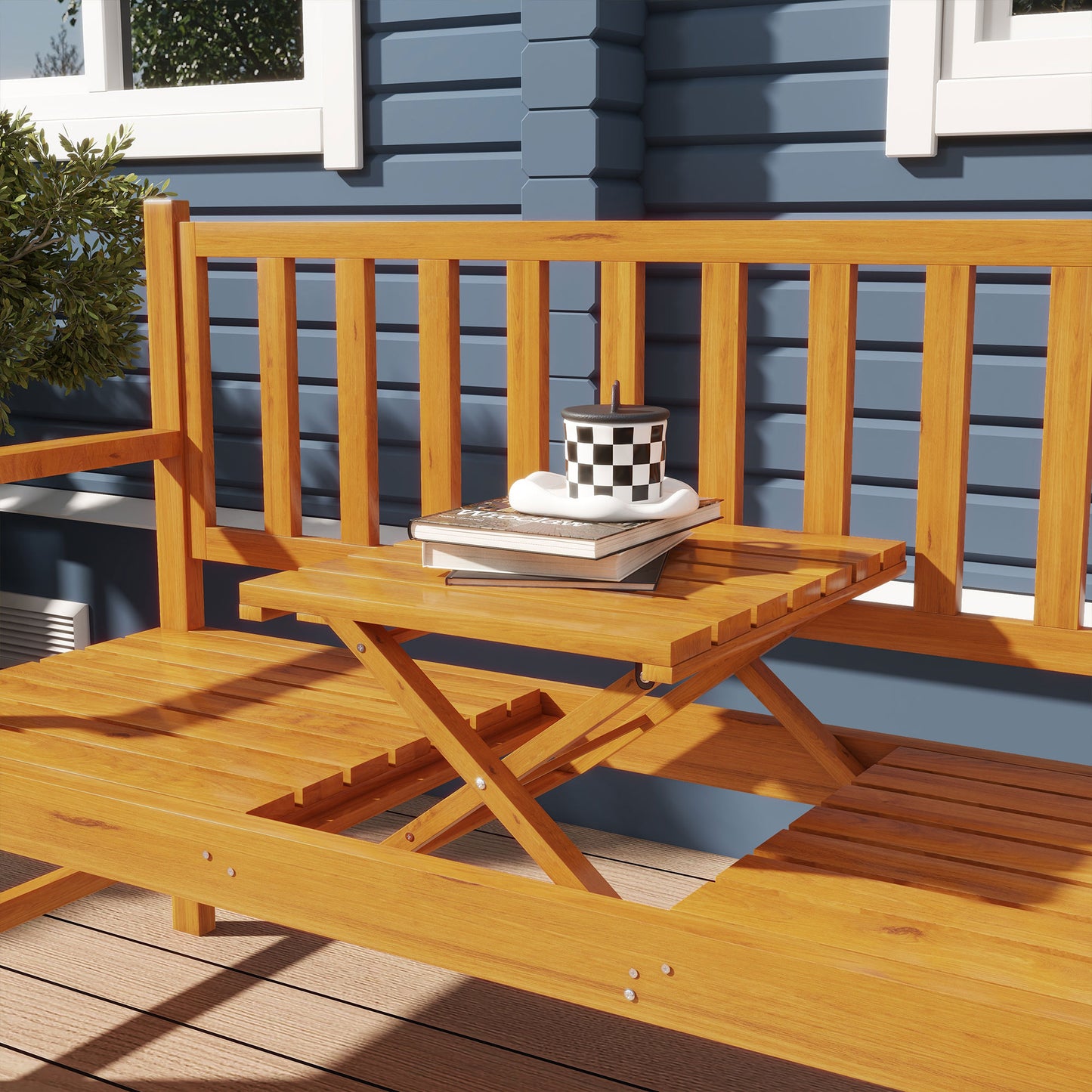 Outsunny Convertible Wooden Bench with Center Table, Outdoor Loveseat, Seats 2-3, Perfect for Porch & Backyard |