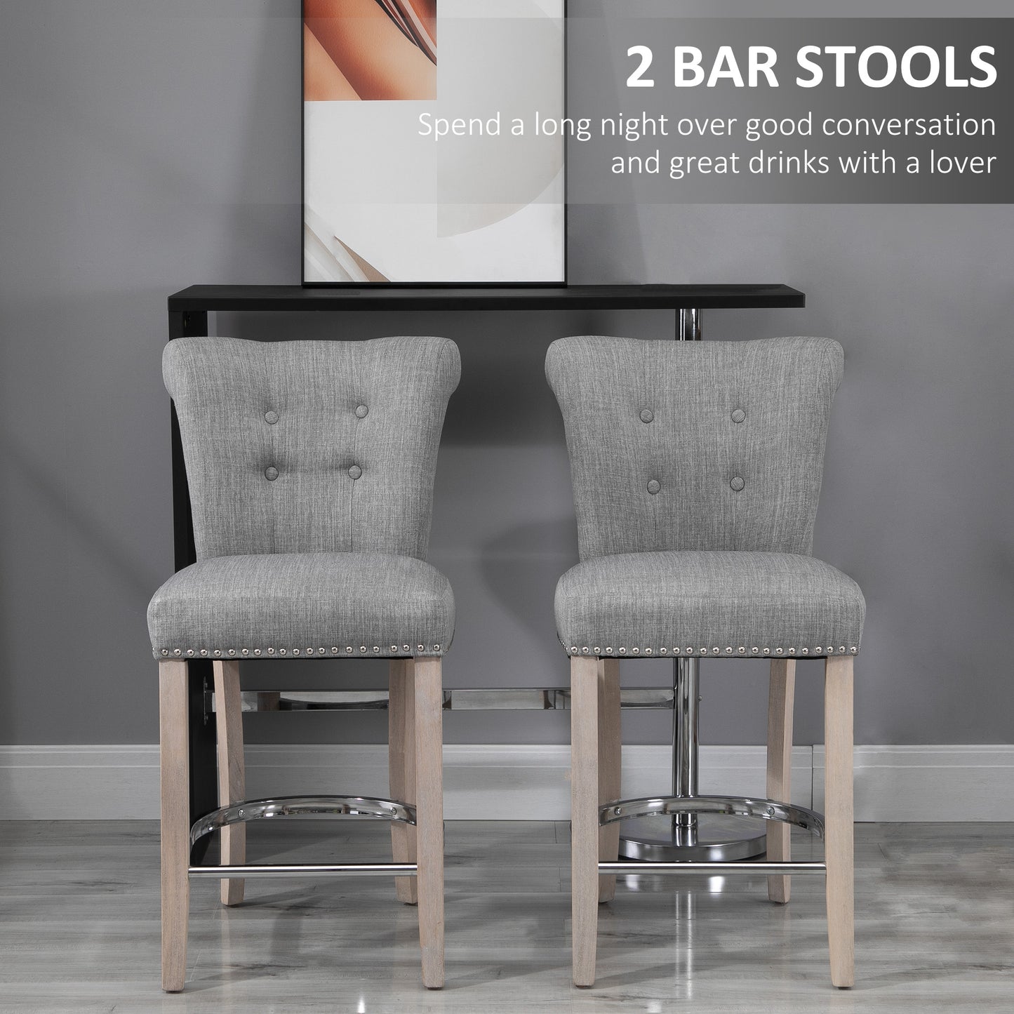 Set of 2 Upholstered Counter Height Bar Stools with Tufted Backrest, Wooden Legs and Footrest, Grey