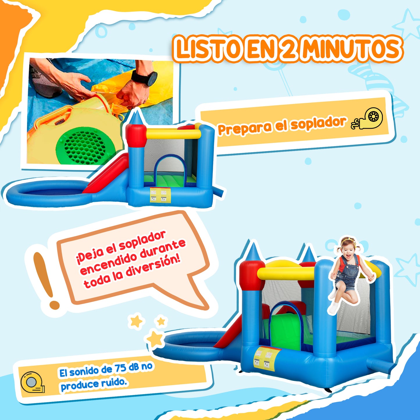 4-in-1 bouncy castle with slide, basketball hoop, ball pit, blower and storage bag, 410 x 205 x 190 cm