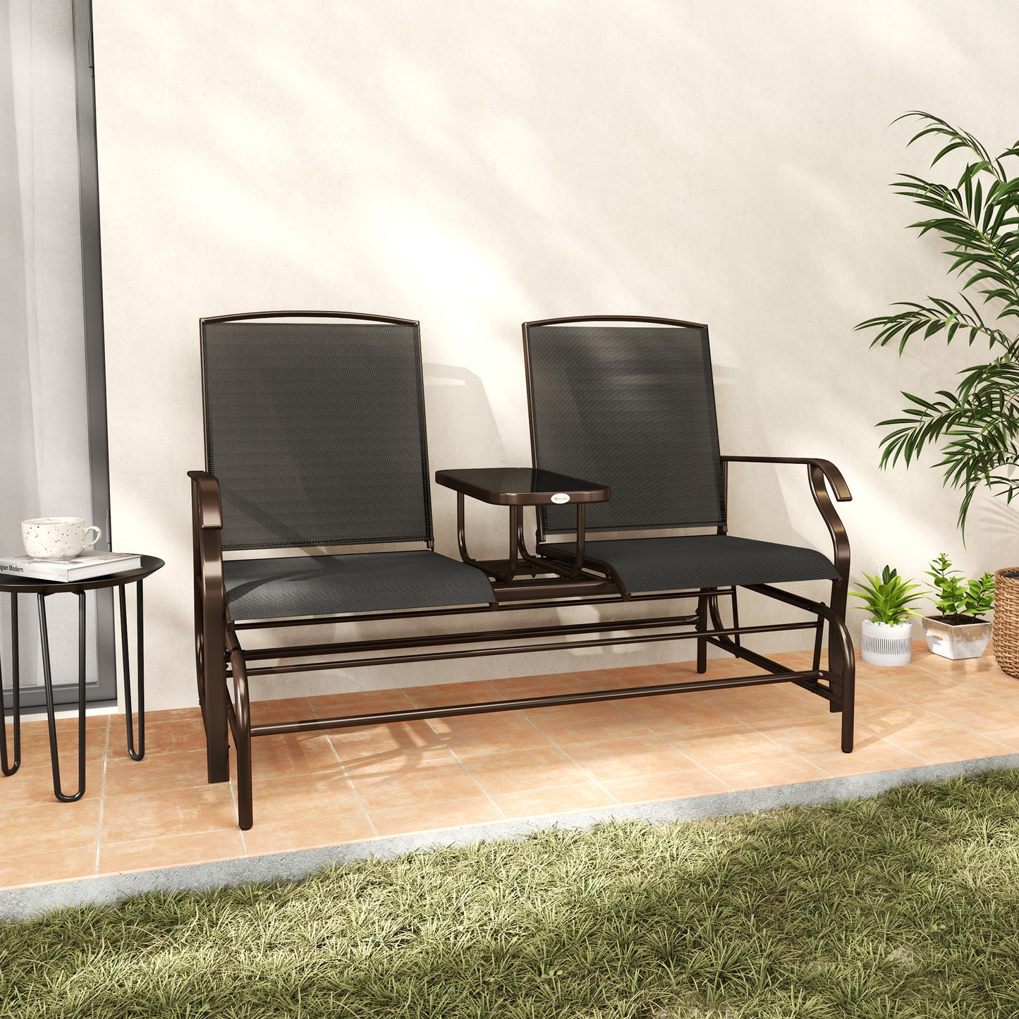 Outsunny Patio Rocking Chair, 2 Person Outdoor Loveseat, Garden Bench, Black