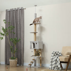 226-254 cm Cat Tree with Scratching Post, House, 3 Steps, Hanging Ball and Perches, Light Grey