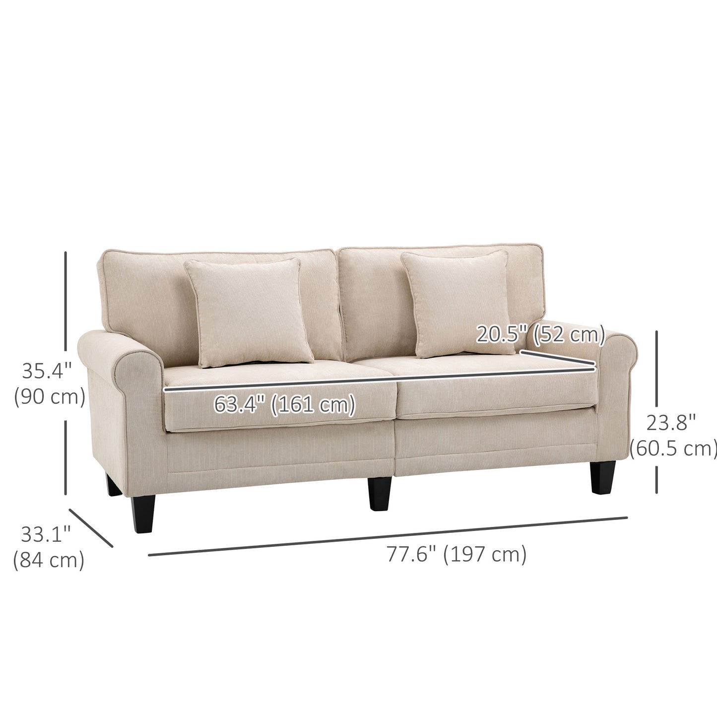 HOMCOM Modern 3-seater sofa, corduroy fabric, pine legs and rolled armrests, beige
