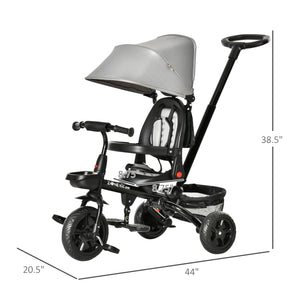 Tricycle 4 en 1 avec siège réglable et réversible, auvent et ceinture, gris