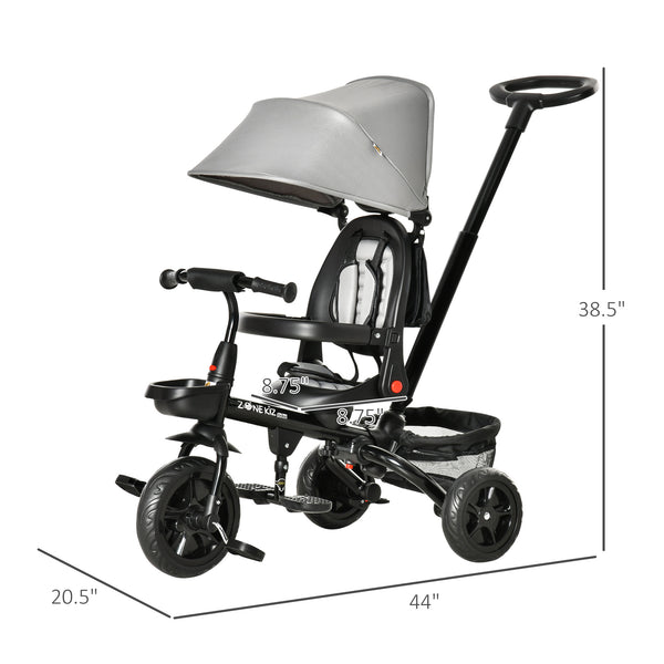 Tricycle 4 en 1 avec siège réglable et réversible, auvent et ceinture, gris