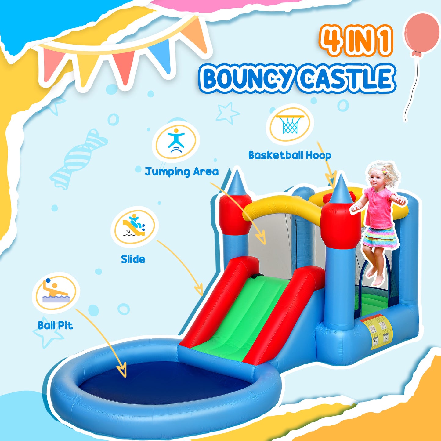 4-in-1 bouncy castle with slide, basketball hoop, ball pit, blower and storage bag, 410 x 205 x 190 cm