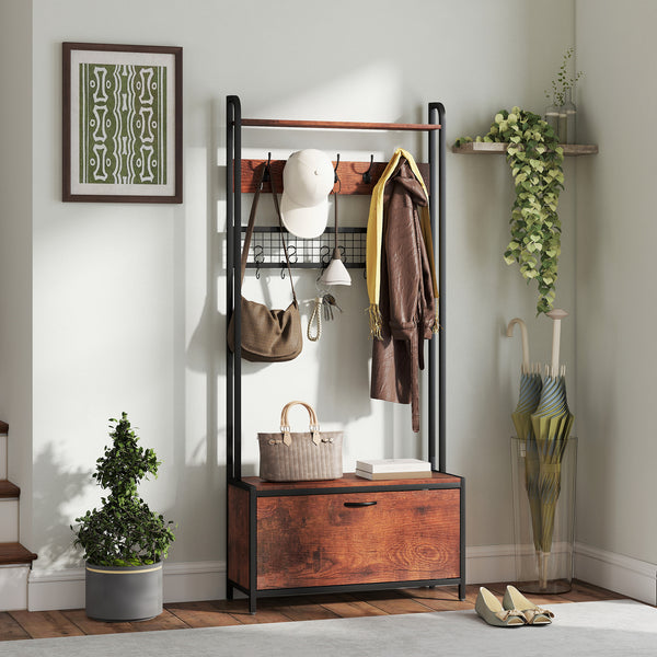 5-in-1 Coat Rack with Bench, Shoe Rack, 10 Hooks, Rustic Brown