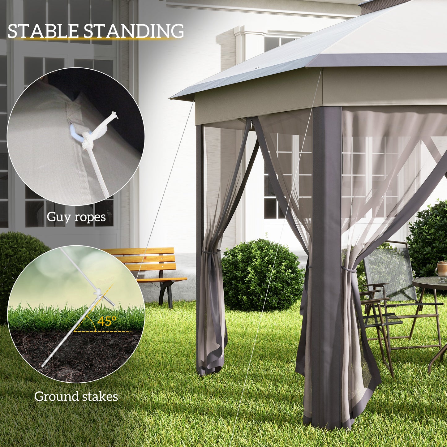 Gazebo pliant 13' x 13' avec filet et sac de transport, hexagonales, café et beige