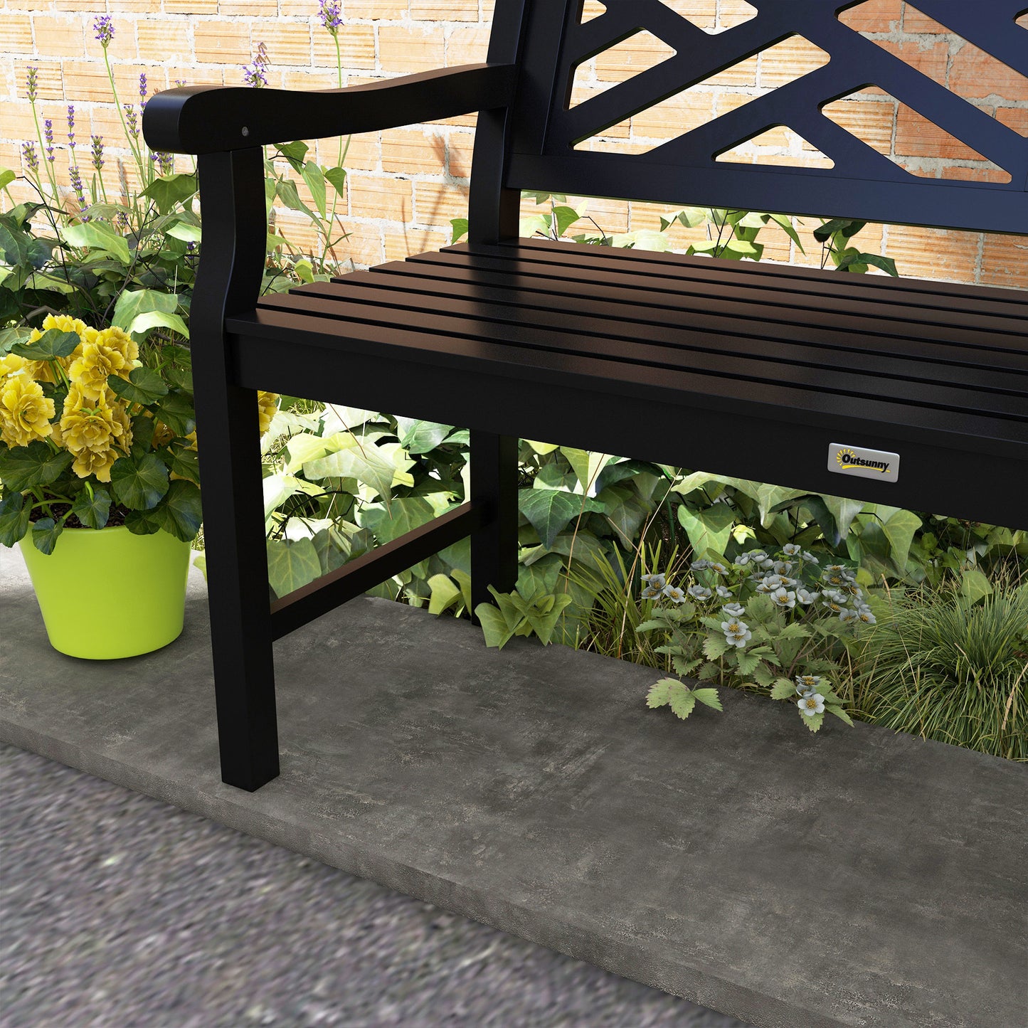 Banc d'extérieur en bois avec cadre à lattes et accoudoirs, 2 places, noir