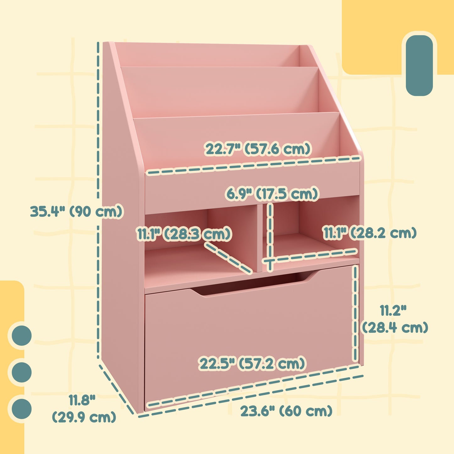 Bibliothèque pour enfants avec tiroir de rangement pour livres, coin lecture, rose