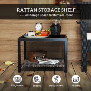 Table basse d'extérieur avec plateau en verre trempé et étagère de rangement pour terrasse, jardin et balcon, noire