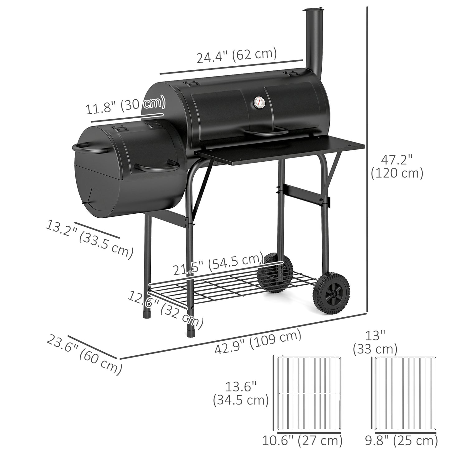 Barbecue portable à charbon de bois avec fumoir décalé, noir