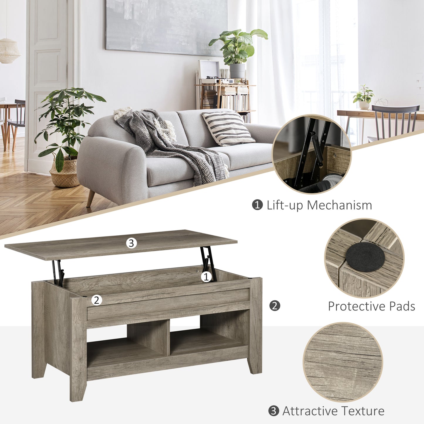 Table centrale relevable pour salon, effet chêne