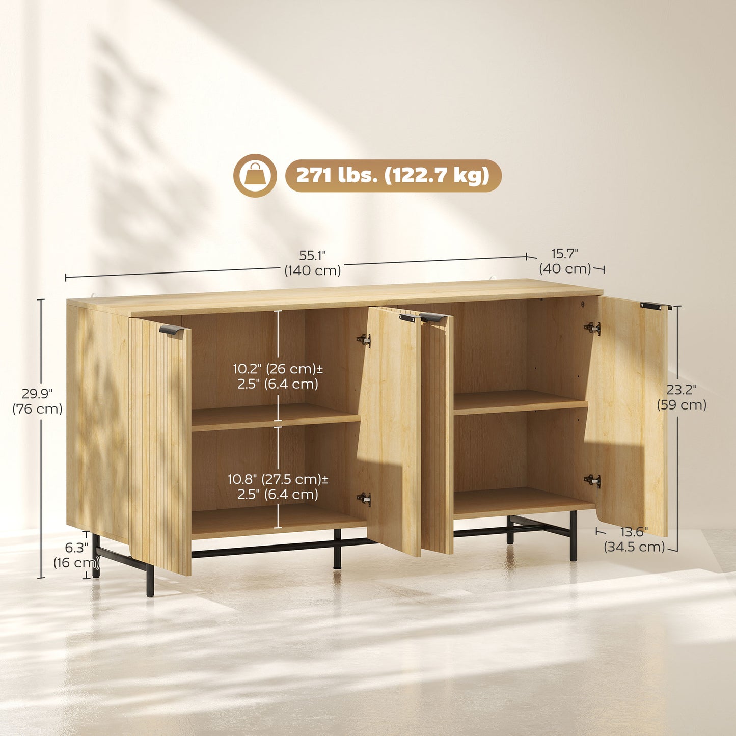 HOMCOM 55 Inch Modern Sideboard, Fluted Buffet Cabinet with Adjustable Shelves, 5 Metal Legs for Kitchen and Living Room, Natural Wood