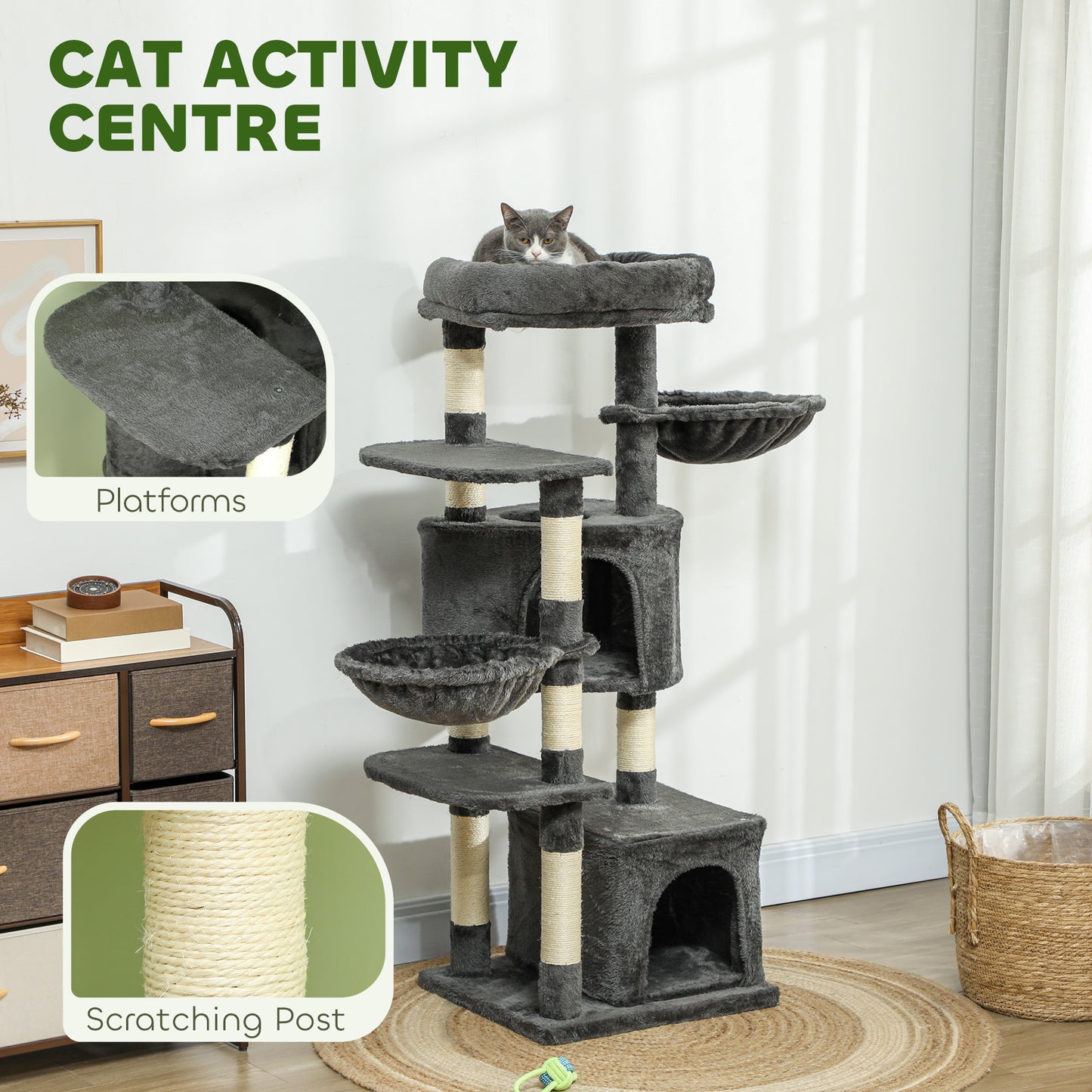 Arbre à chat avec griffoirs, lit, plateformes et hamacs, pour chats d'intérieur, gris foncé