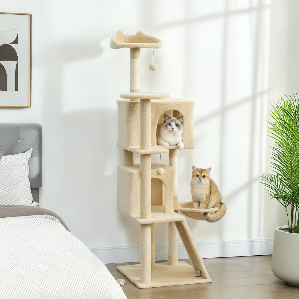 Arbre à chat de 160 cm avec griffoirs, cabanes, perchoirs moelleux, hamac, échelle, beige