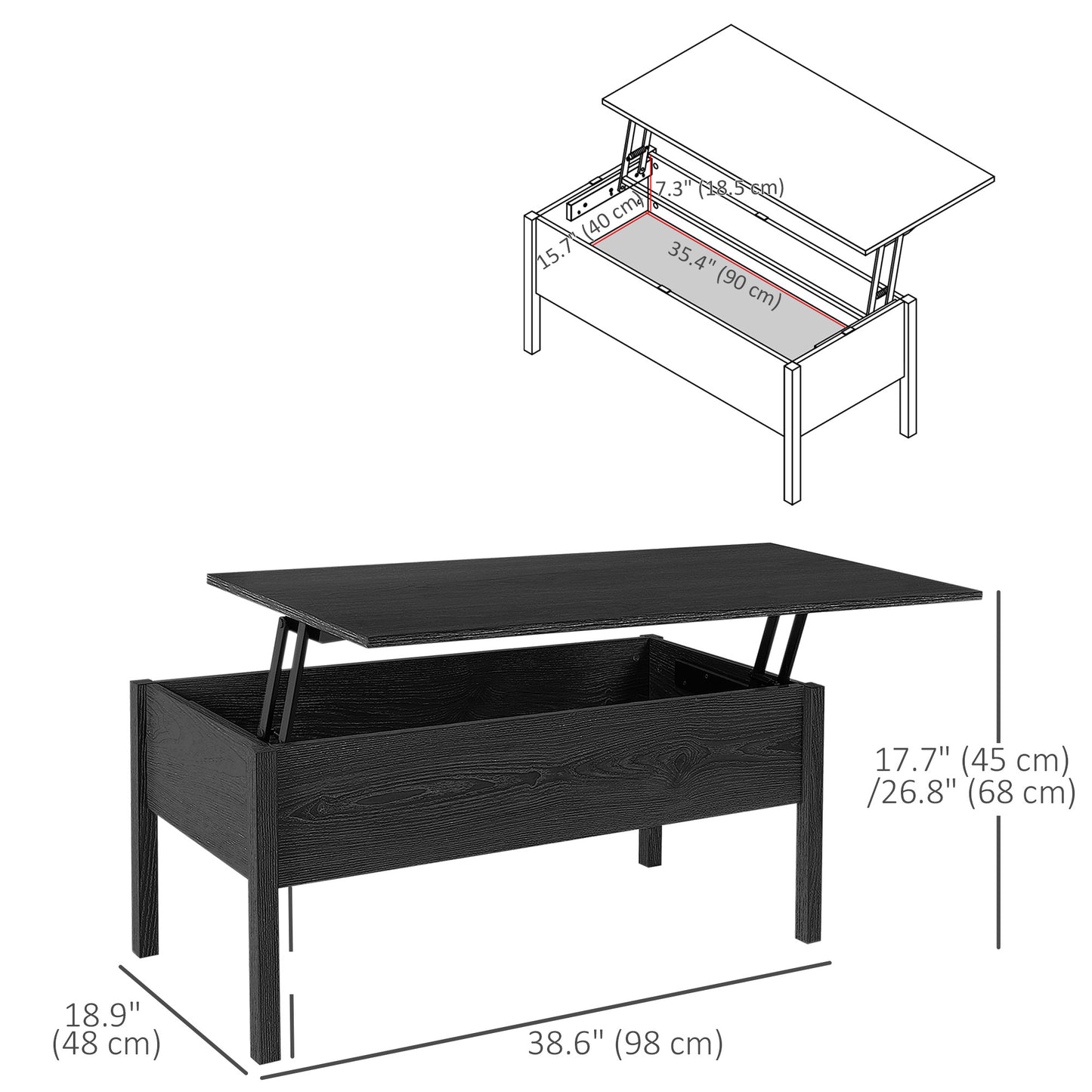 Table basse moderne 99 cm avec plateau relevable et compartiment de rangement dissimulé, noire