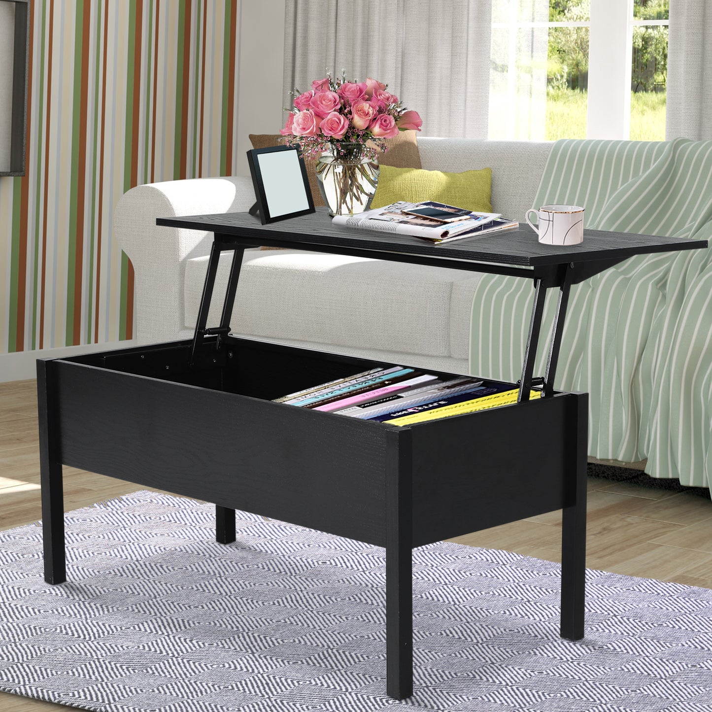 Table basse moderne 99 cm avec plateau relevable et compartiment de rangement dissimulé, noire
