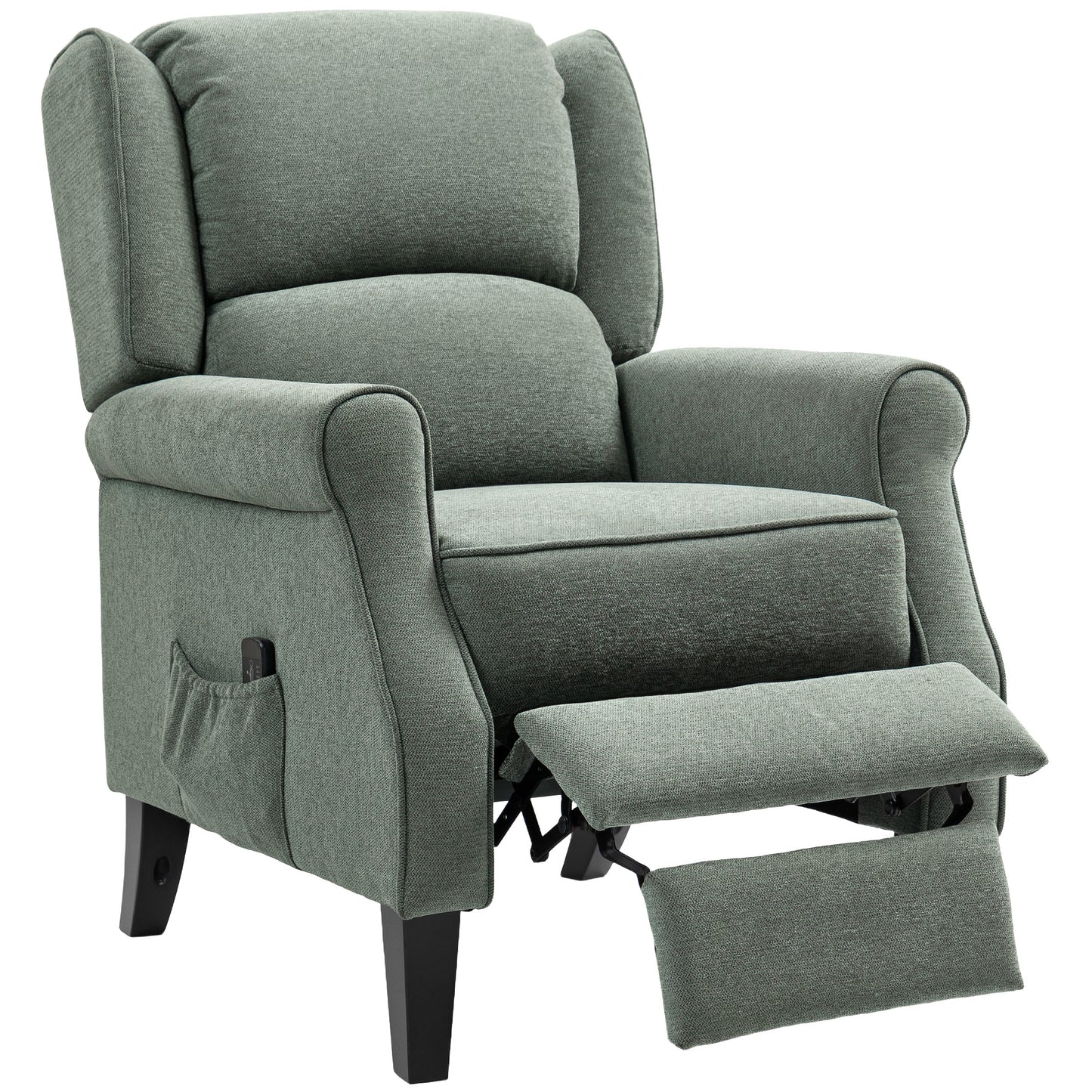 Fauteuil inclinable à massage par vibrations avec repose-pieds extensible, télécommande, vert foncé