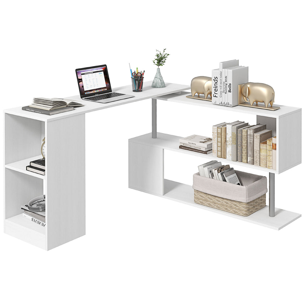 Bureau d'angle 55", pivotant à 360°, en L, avec étagères à 3 niveaux, blanc