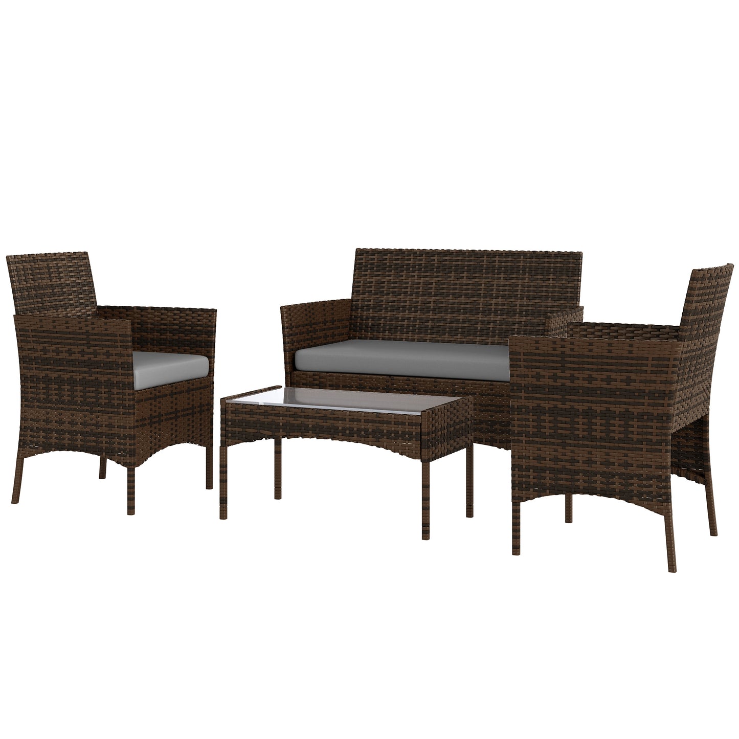 Outsunny 4 Piece Patio Rattan Balcony Wicker Garden Furniture Set with Loveseat, Chairs and Glass Coffee Table Grey