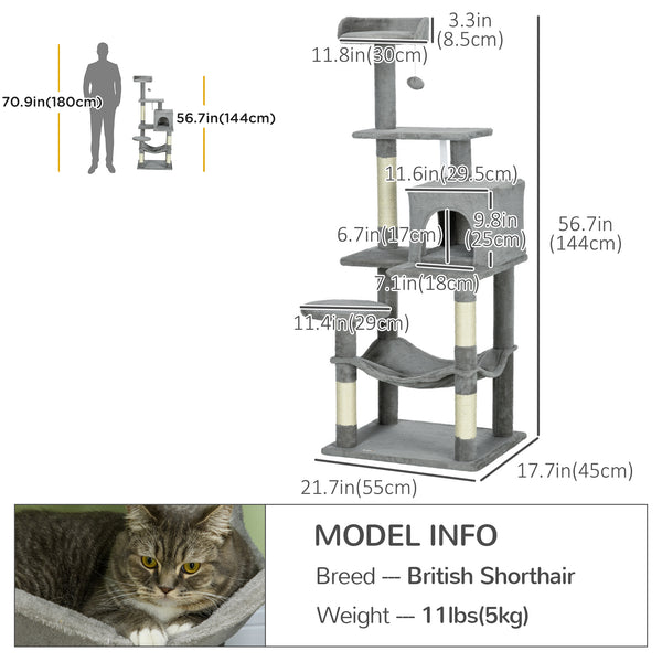 Large 142cm Multi-Level Cat Tree with Hammock, Basket & Sisal Scratching Posts, Grey