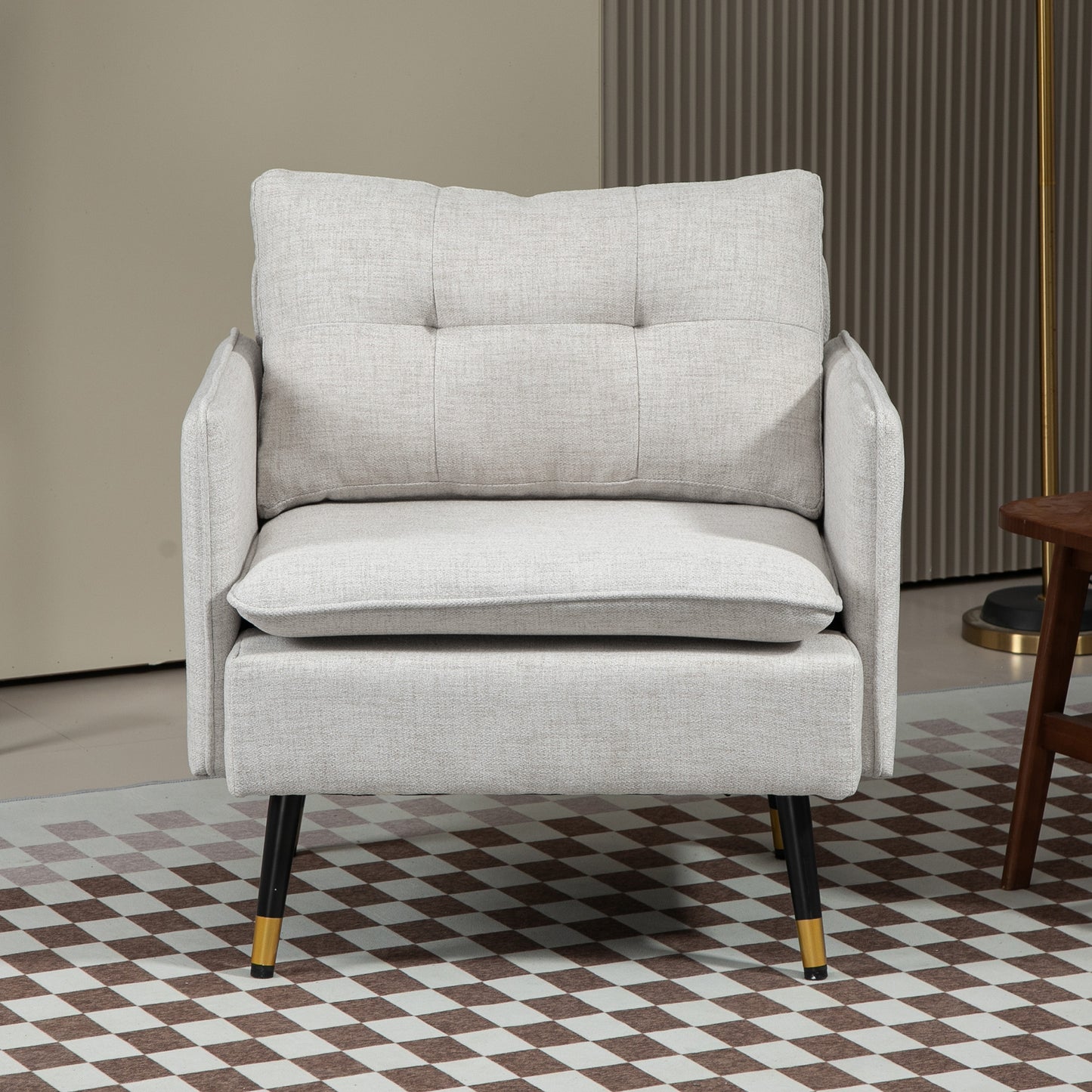 Fauteuil d'appoint moderne rembourré avec coussin de dossier capitonné et pieds en acier pour salon, blanc crème