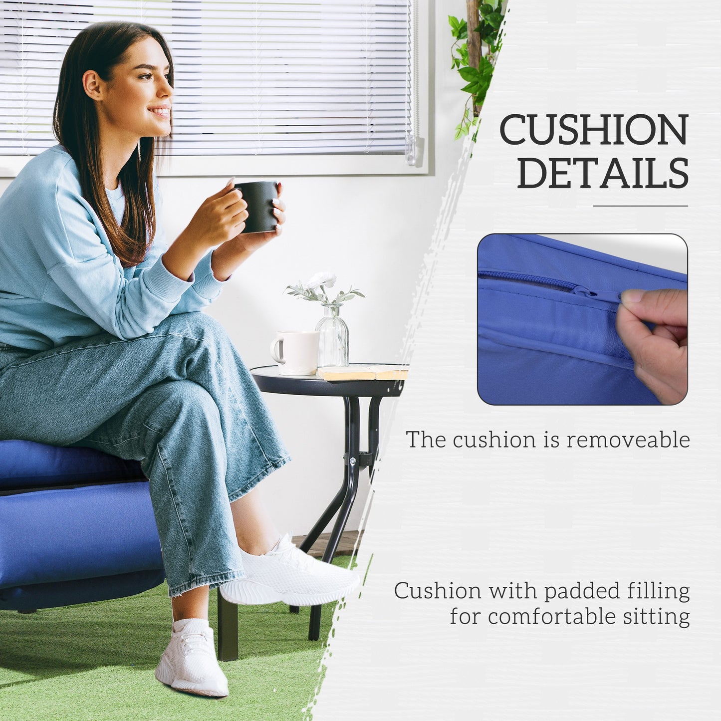 Outdoor Rattan Recliner Chair with Adjustable Backrest and Retractable Footrest, Dark Blue