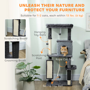 Arbre à chat de 132 cm avec griffoirs, panier, niche et brosse de toilettage, gris