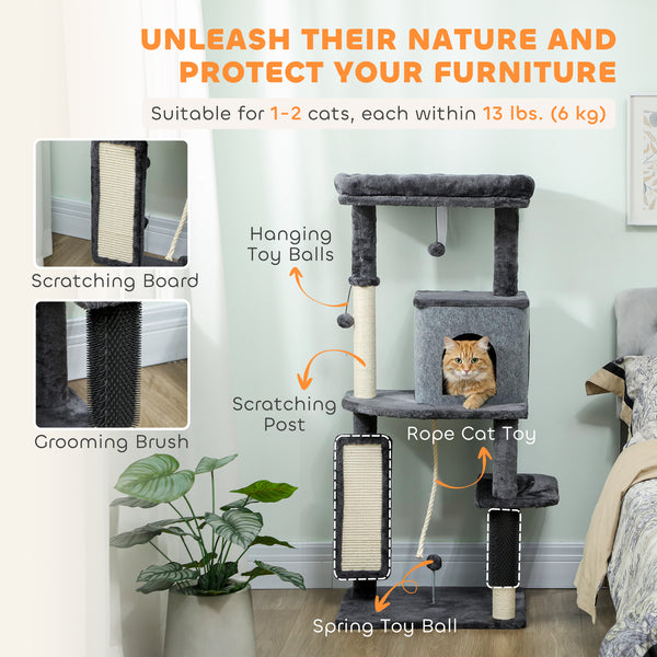 Arbre à chat de 132 cm avec griffoirs, panier, niche et brosse de toilettage, gris