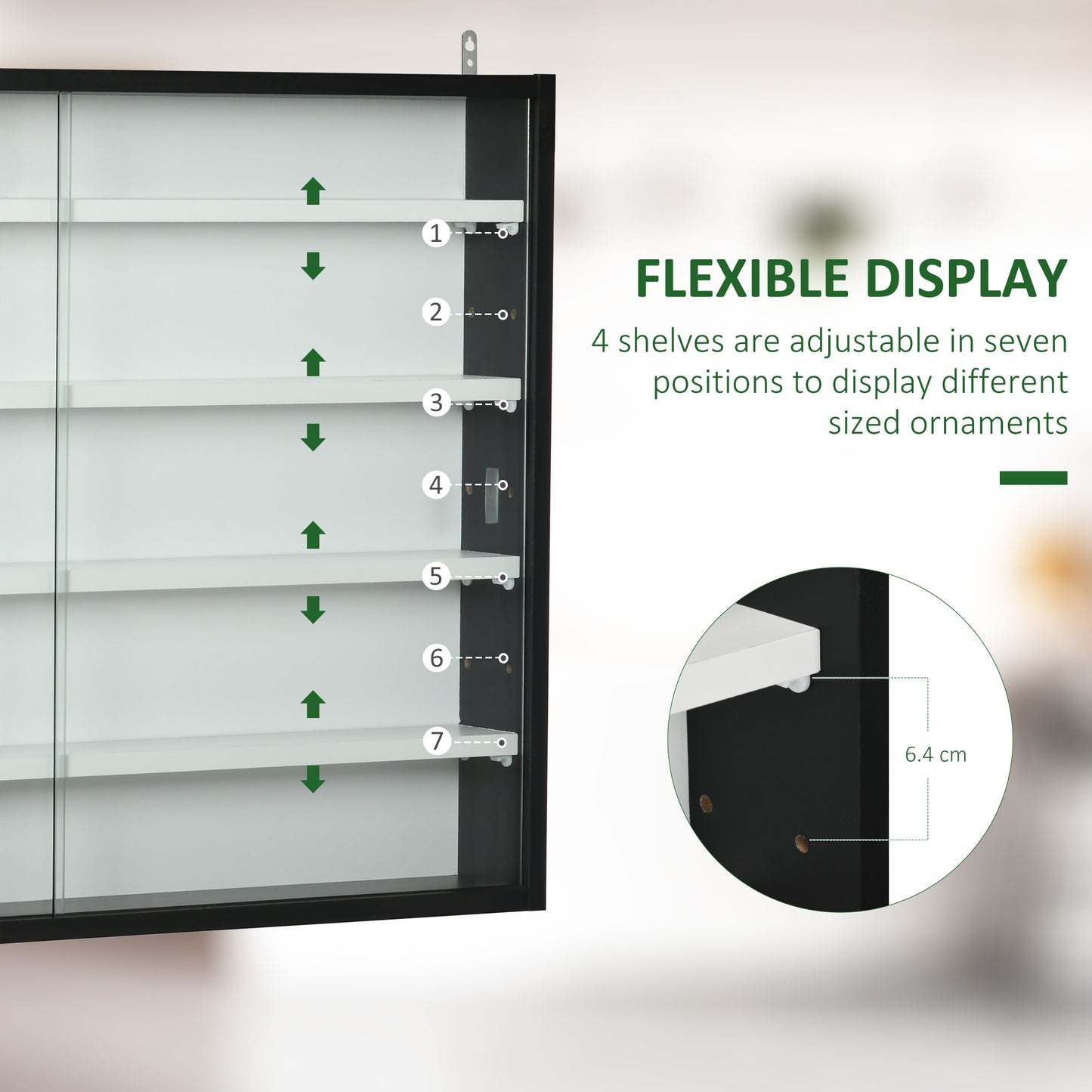 Vitrine à 5 niveaux avec 2 portes vitrées et 4 étagères réglables, noir