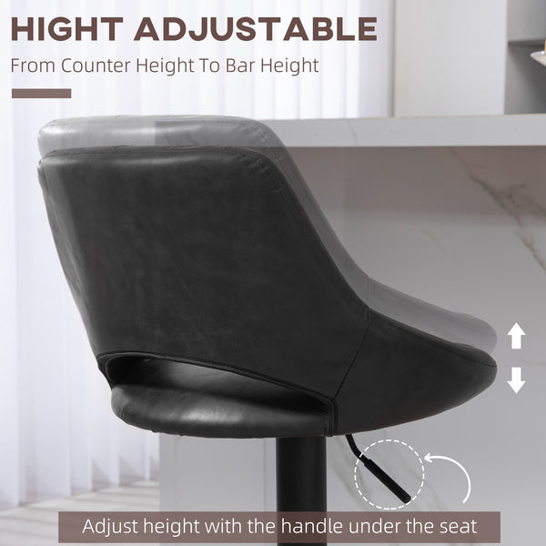 Set of 2 Swivel Bar Stools, Faux Leather Upholstered, Counter Height, with Round Metal Base, Black
