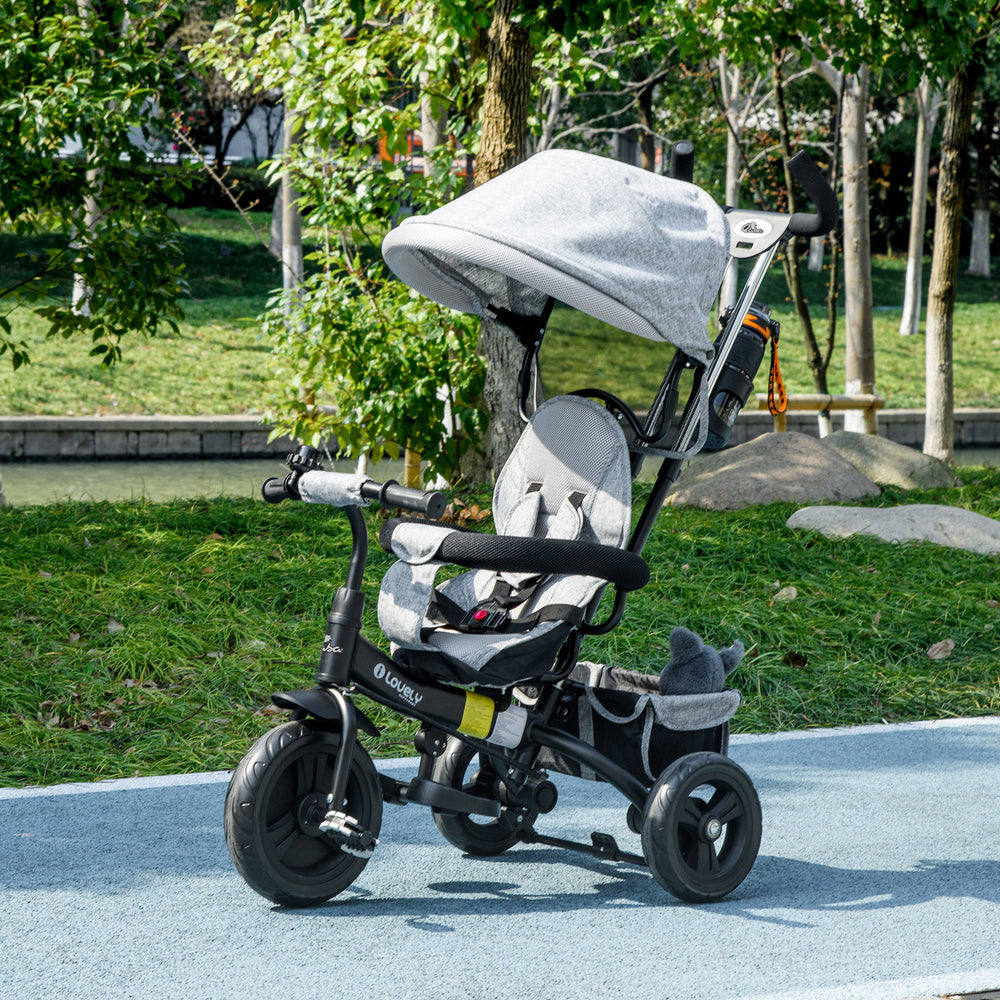 Tricycle 6 en 1 pour tout-petits avec panier, auvent, harnais de sécurité 5 points, gris