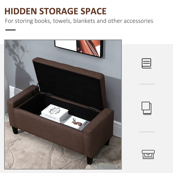 Linen upholstered storage bench with tufted pattern, brown