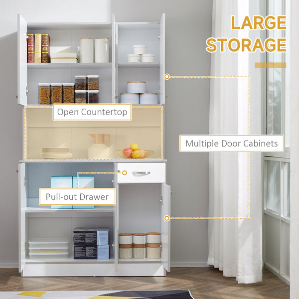Buffet moderne avec placards de rangement, tiroir, espace ouvert pour micro-ondes, blanc