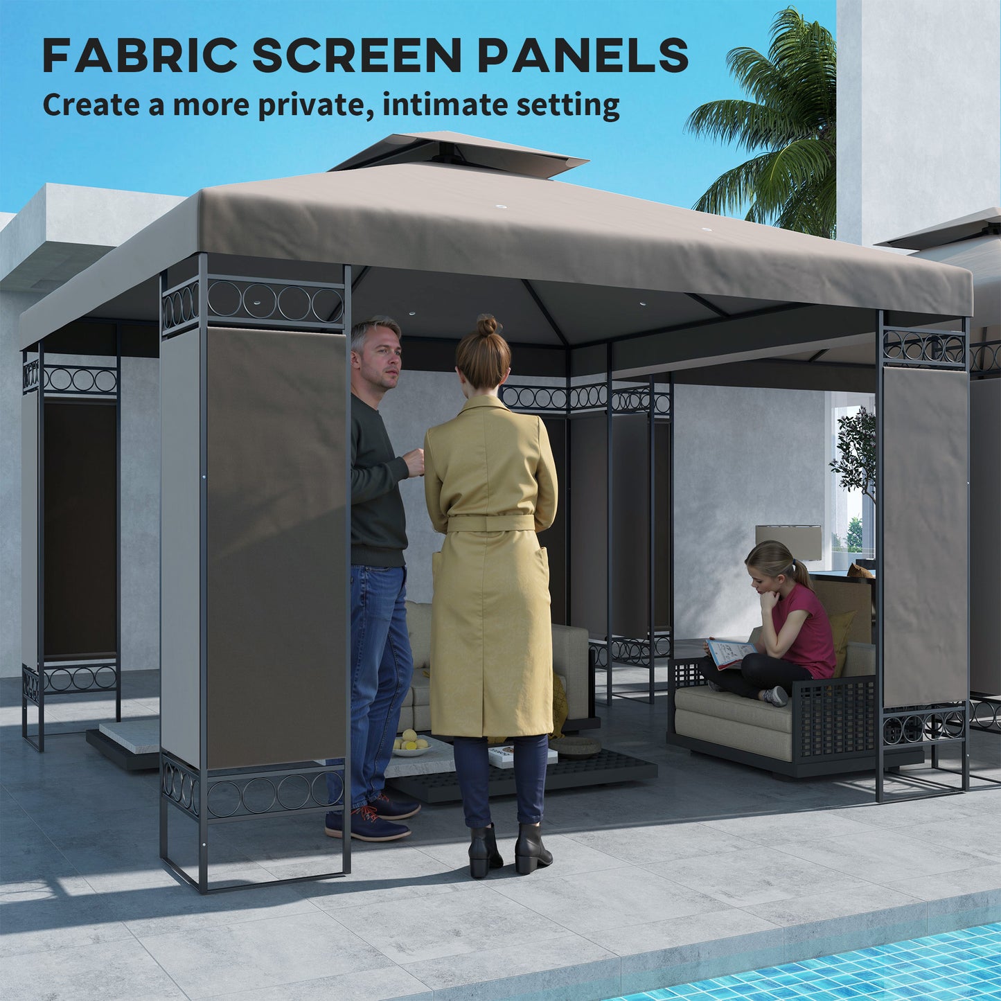 Outsunny 10 x 10 ft Gazebo, Double Roof Gazebo with Screen Panels and Metal Frame for Patio, Backyard, Khaki