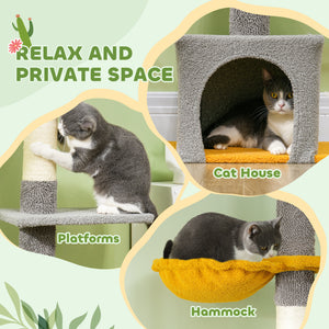 Cat tree with adjustable height from 229 to 274 cm, scratching posts, hammock, lounger and play ball, light gray