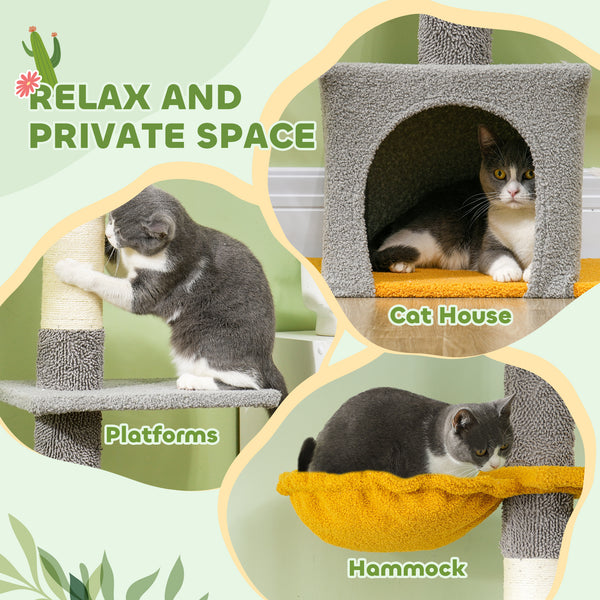 Cat tree with adjustable height from 229 to 274 cm, scratching posts, hammock, lounger and play ball, light gray