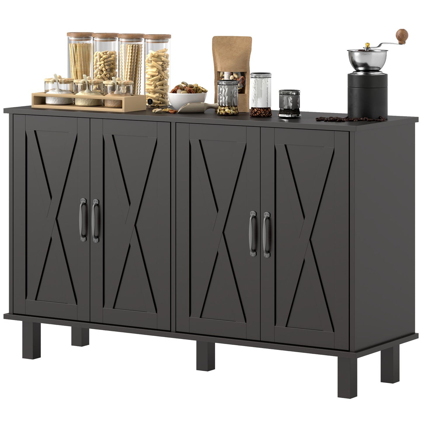 Buffet de cuisine avec 4 portes de grange et 2 étagères réglables, noir