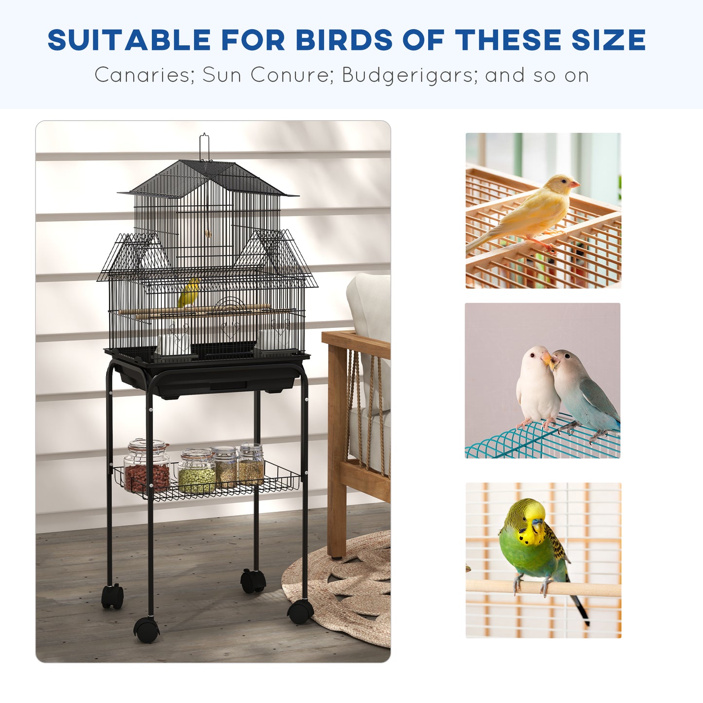 PawHut 48" Bird Cage with Perch, Swing, Food Container, Sliding Tray and Handle, Cage for Parrots, Finches, Canaries and Parakeets