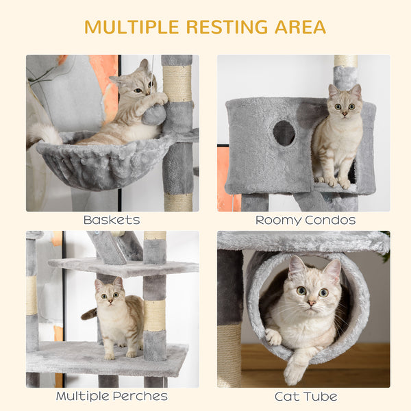 Arbre à chat géant de 240 à 250 cm, hauteur plafond, griffoir, centre d'activités, gris clair
