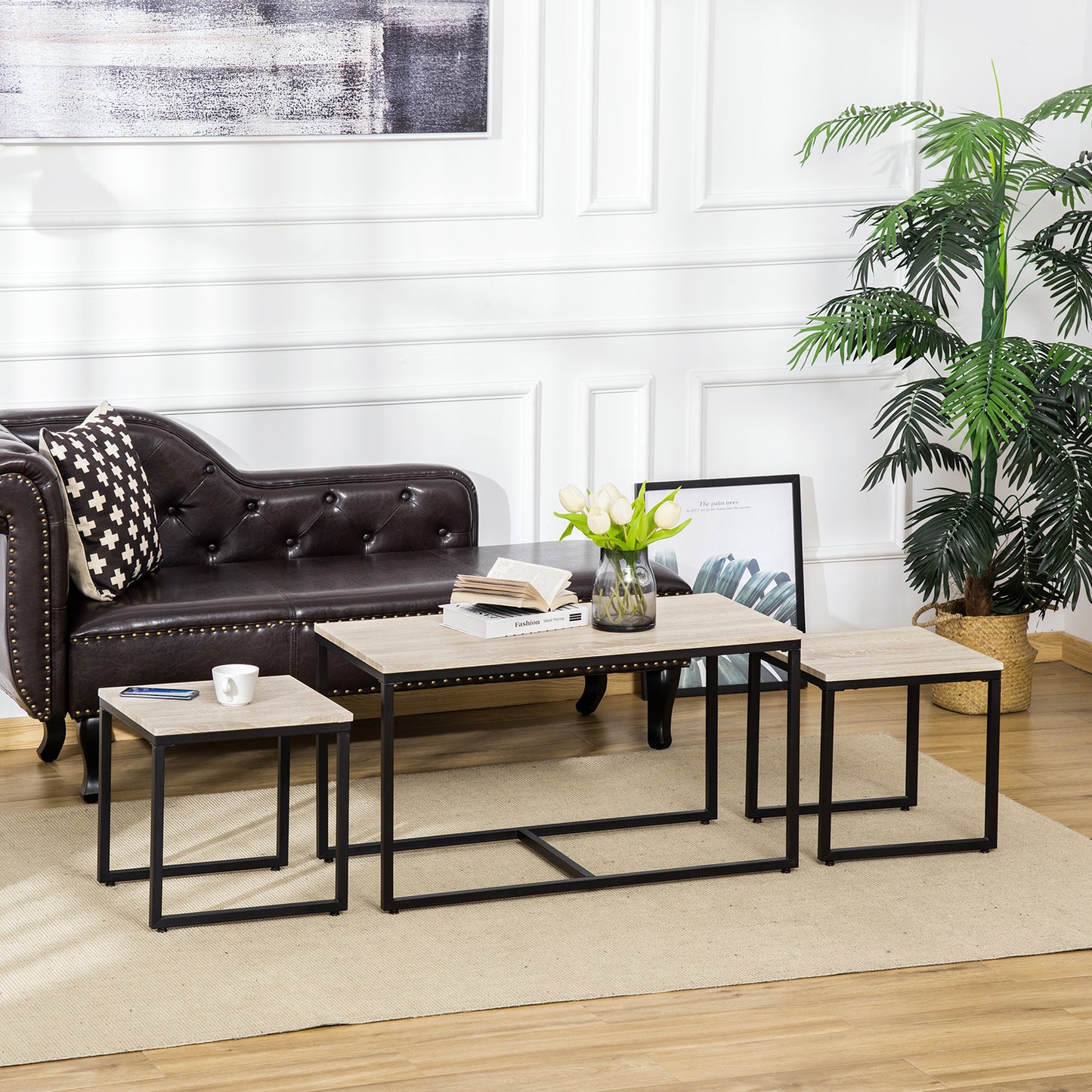 Lot de 3 tables d'appoint modernes avec cadre en métal noir pour salon, naturel