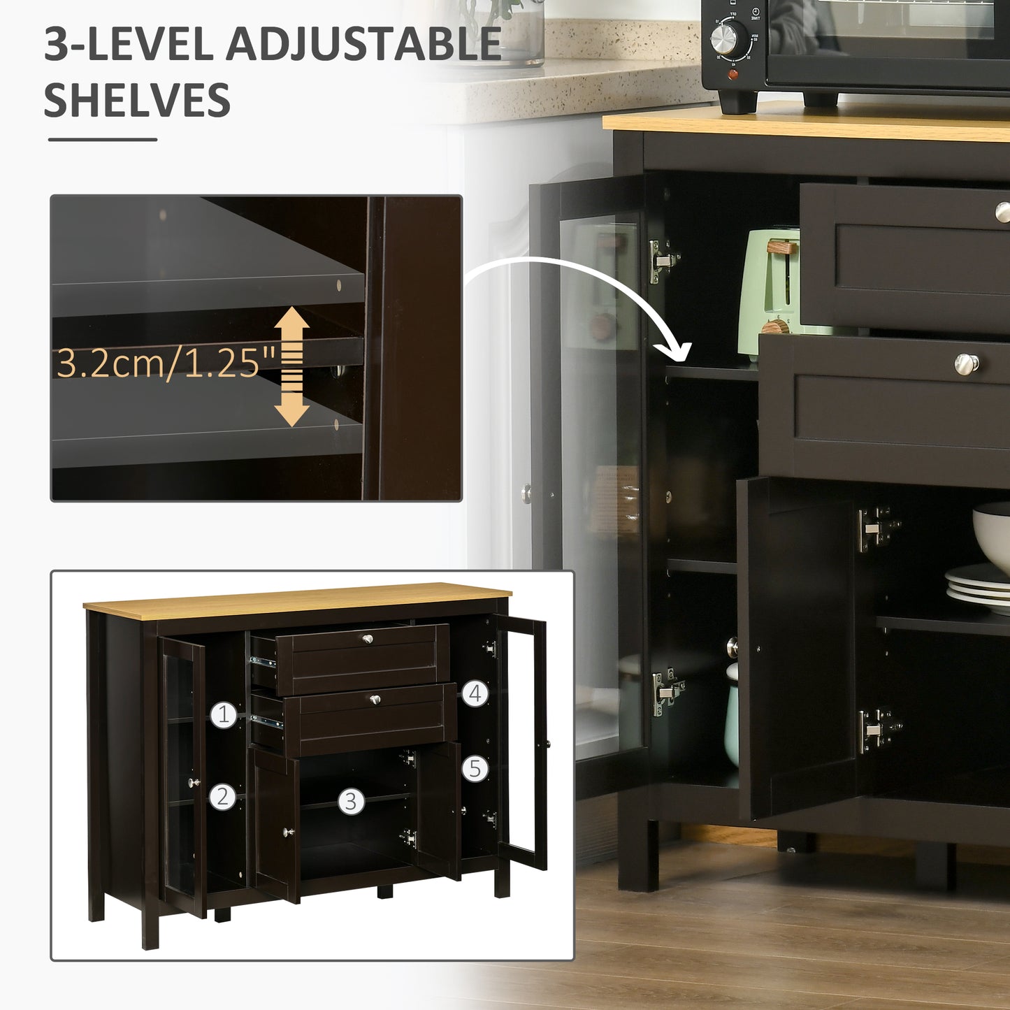HOMCOM sideboard with 2 drawers, 3 storage spaces, glass doors and adjustable shelves, dark brown