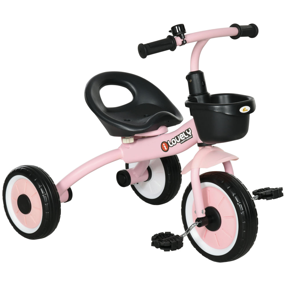 Tricycle avec siège réglable, panier, sonnette, rose